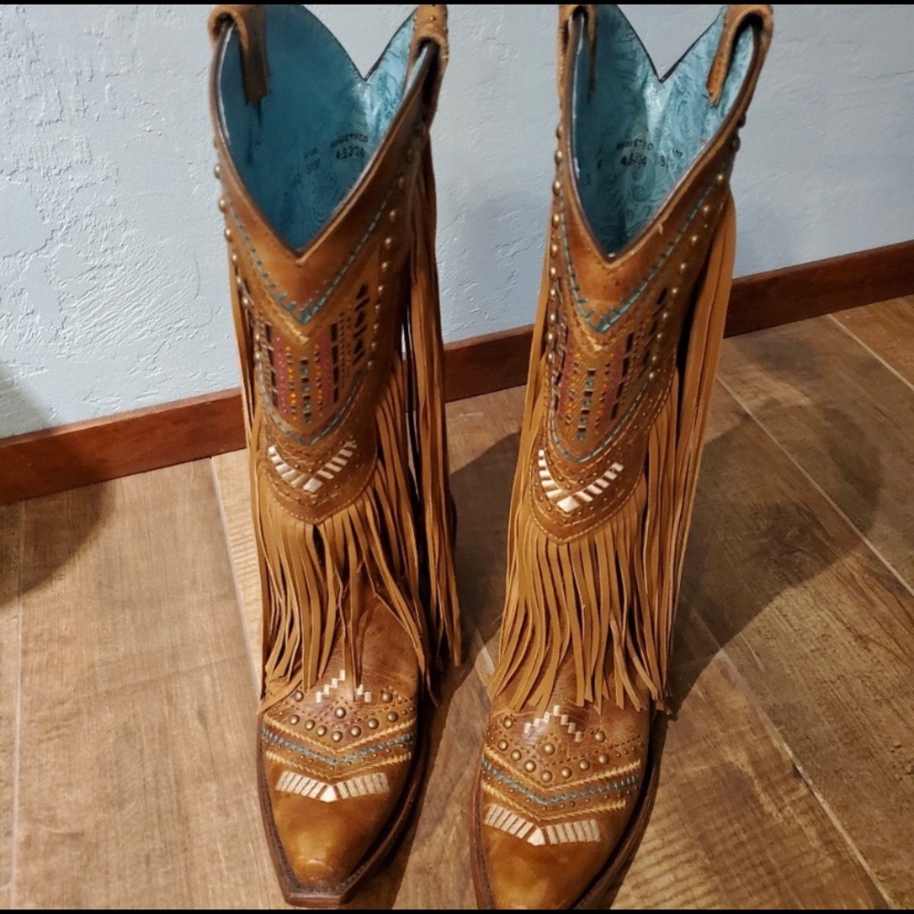 Corral fringe leather boots, cushioned insoles